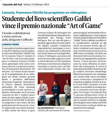 RS.03.02.2024 Studente del liceo scientifico Galilei vince il premio nazionale Art of Game